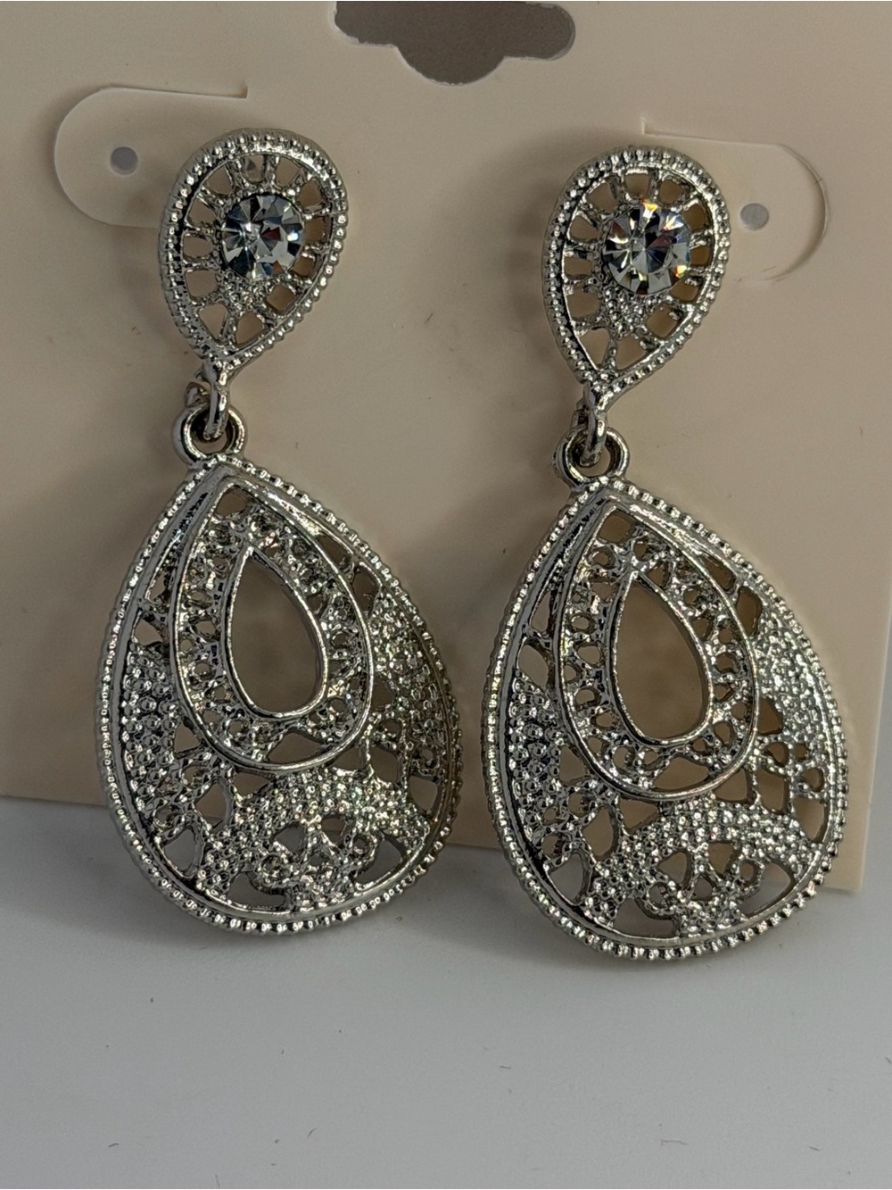 Silver Teardrop Filigree Dangle Earrings with Crystal Accents